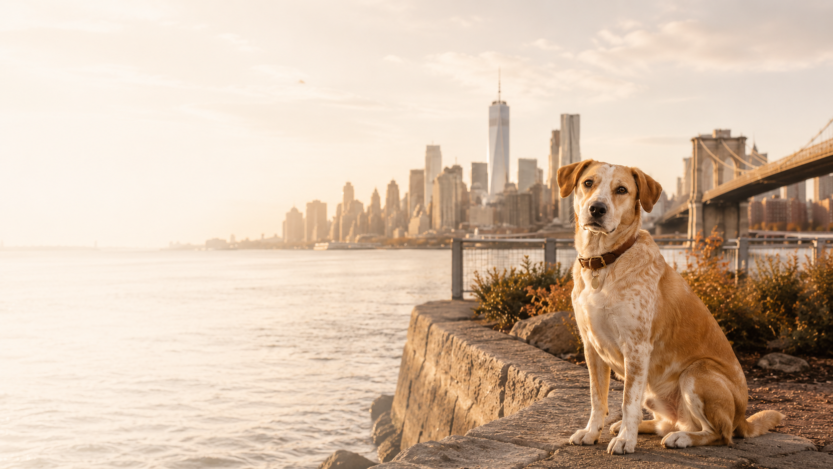 A dog on the Brooklyn waterfront with the Manhattan skyline at golden hour